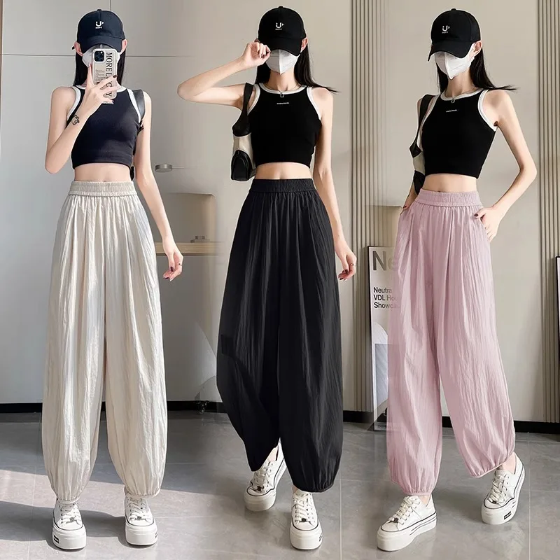 Thin Nine-Point Wide-Leg Women Summer Small Stature Ice Silk Quick-Drying Harem Loose Slimming Comfortable Yamamoto Pants