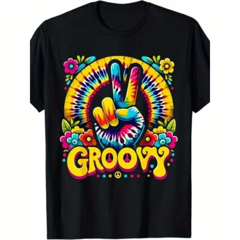 

1 шт. женская футболка с надписью Tie Dye Groovy Peace — повседневная футболка с круглым вырезом и короткими рукавами на весну/лето/осень — письмо в стиле хиппи