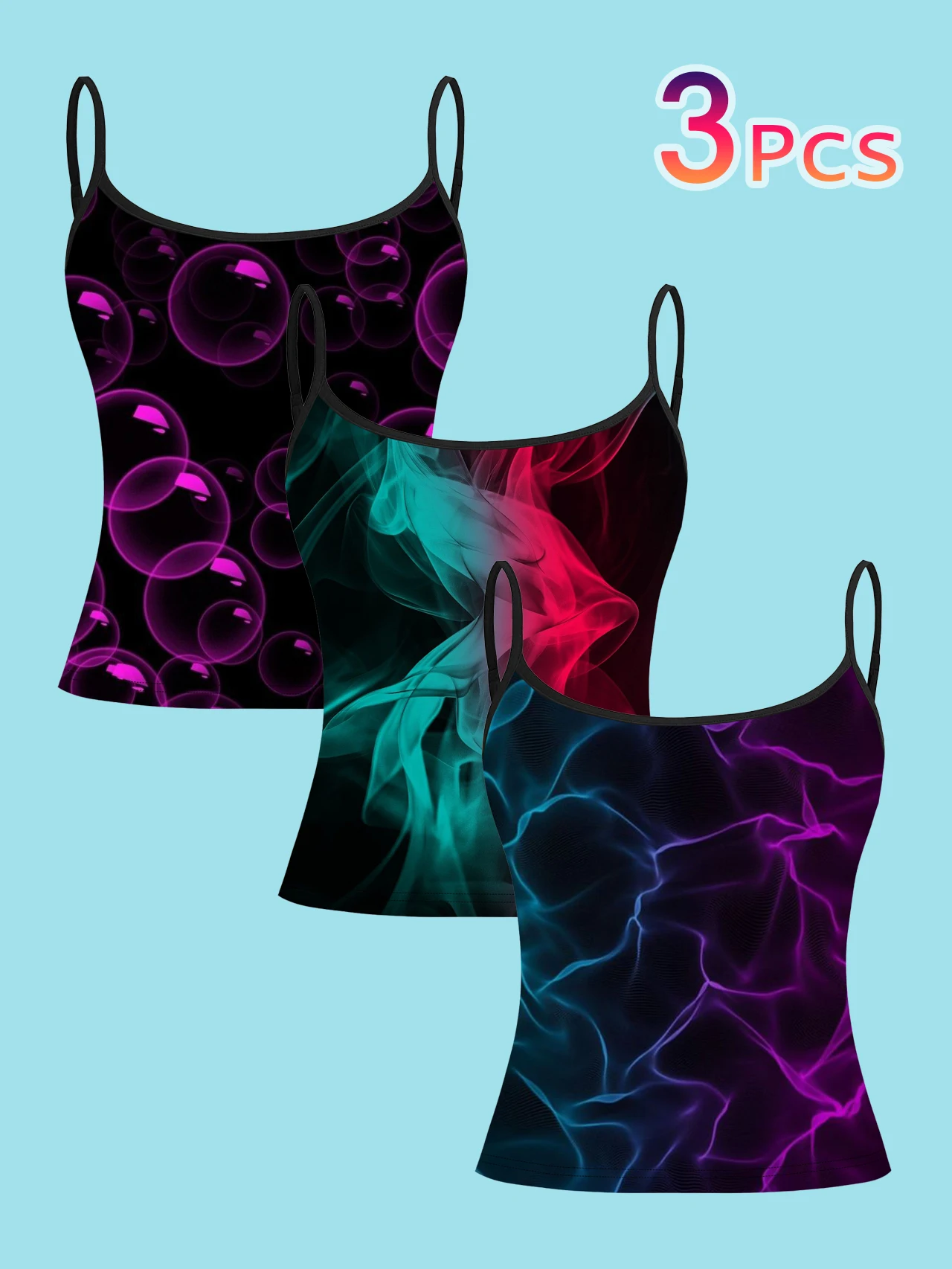 3-Piece Set of Women's Neon Bubble Smoke Yarn Printed Camisole Tops, Cyber Style Colorful Bubble Smoke Pattern Lightning Slim-Fit Spaghetti Strap Sleeveless Base Tops