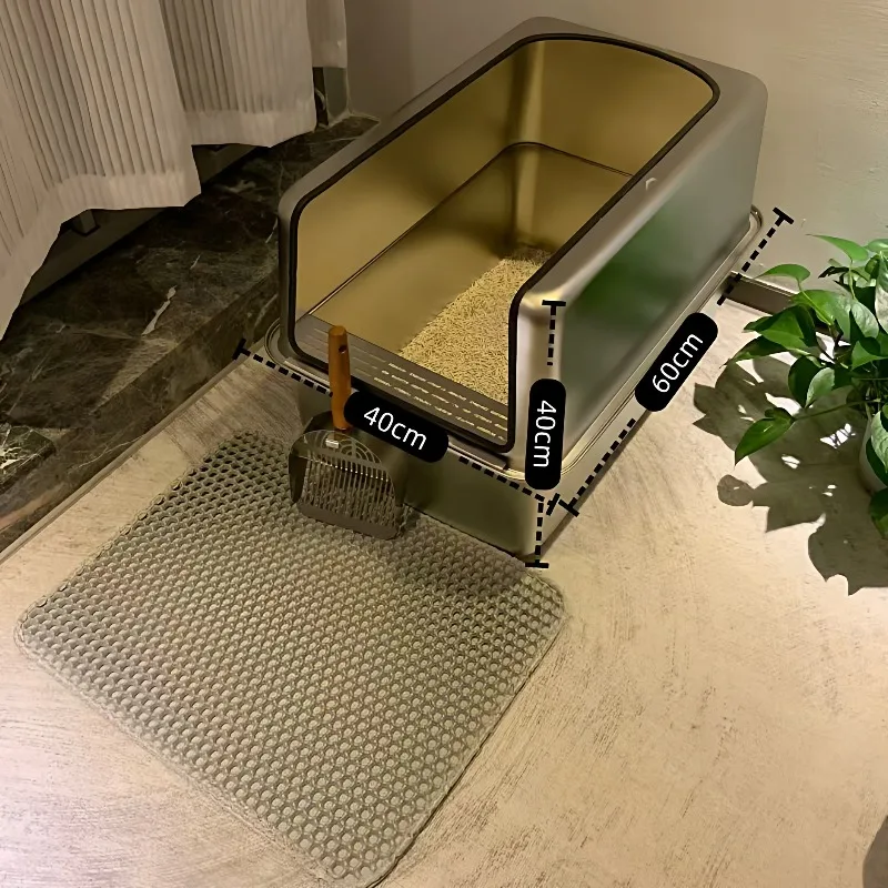 Extra Large 60cm Stainless Steel Cat Litter Box, Raised Fence Anti-Splash Cat Toilet, Odor Resistant Pet Litter Tray