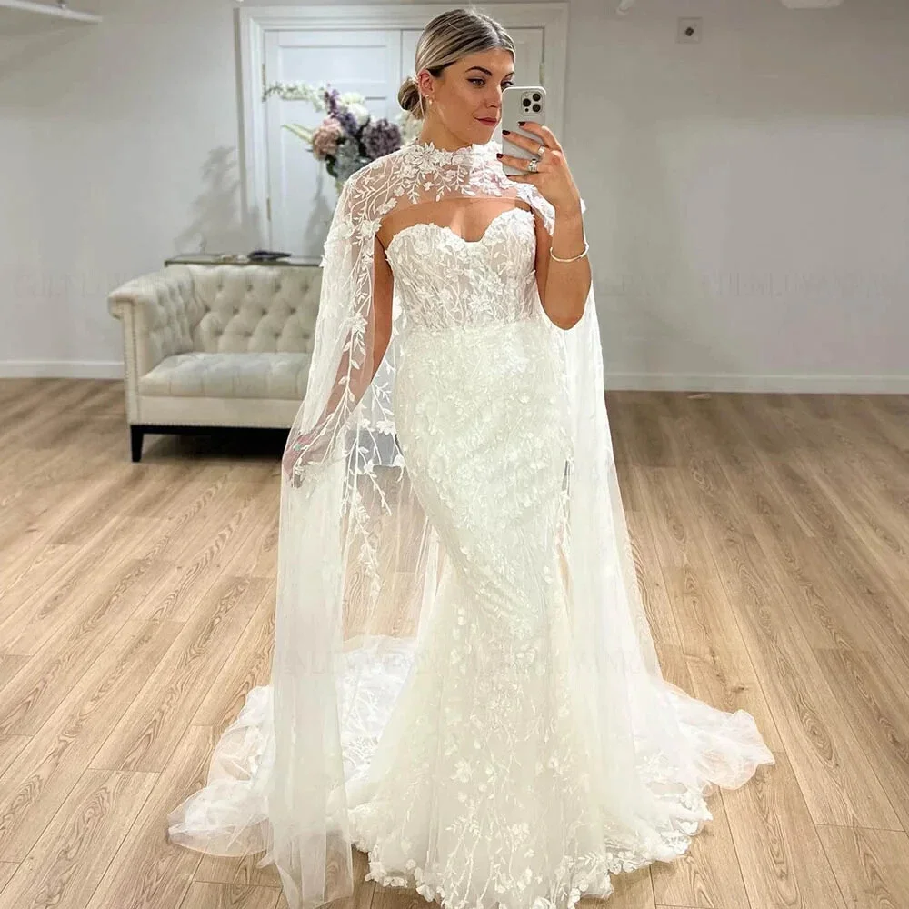 

Luxury Mermaid Wedding Dress with Cape Elegant Lace Appliques Bridal Gown with Train Vintage Backless Vestido De Novia Custom