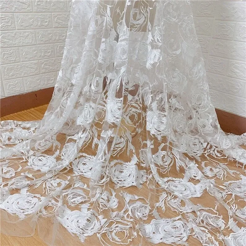 Rose flower Embroidered Lace Fabric Floral Ivory Tulle Fabric For Girl Dress Tutu Dress Wedding Dress Bridal Veil 1 yard