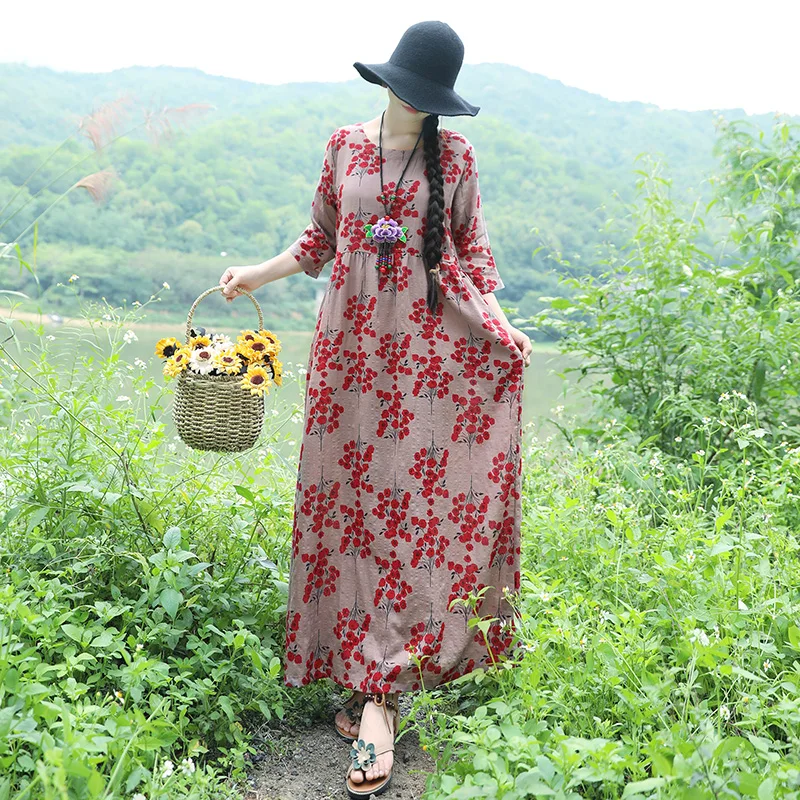 Fashion O-Neck Printed Spliced Folds Floral Long Dress Women's Clothing 2025 Spring Summer New Loose Commuter Vintage Dresses