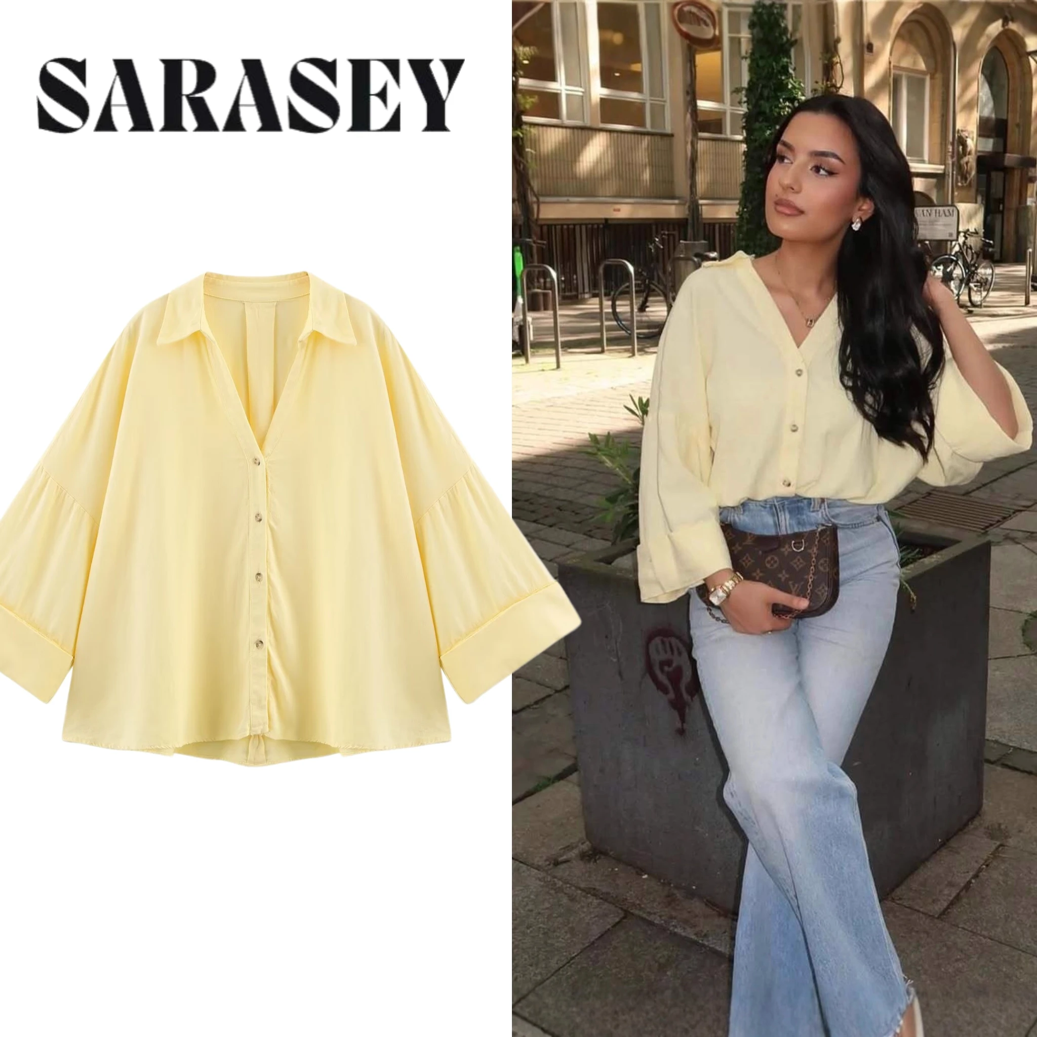 

2025 New Woman Fashion Yellow V Neck Thin Knitted Shirt Casual Slim Short Sleeve Elegant Blouses Spring Summer