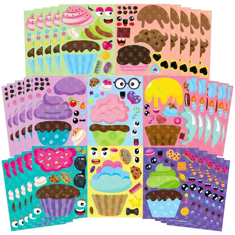 40PCS Make a Face Sticker Sheets DIY Your Own Cupcake Holographic Stickers for Kids Mix and Match Dessert Cakes Stickers Games