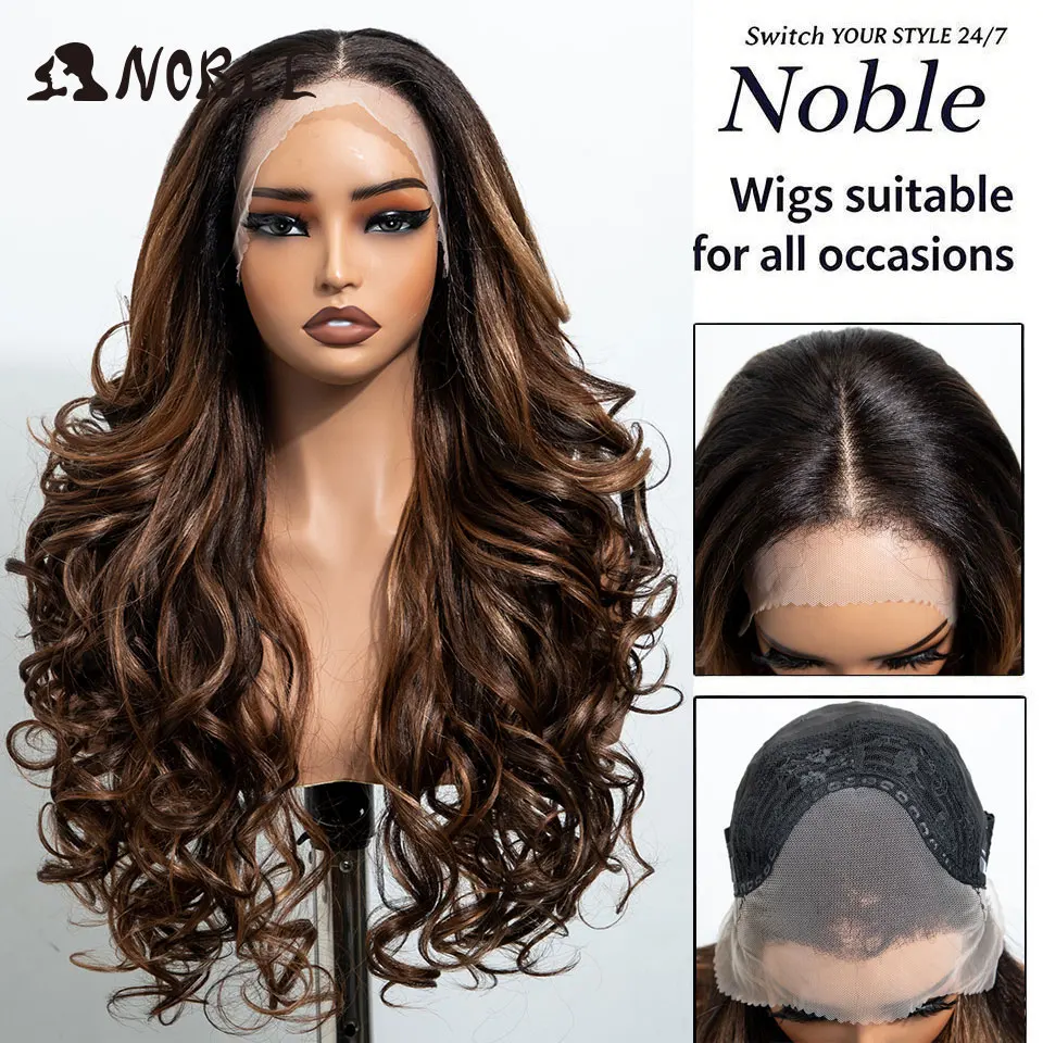 NOBLE 13X4 Lace-Front-Synthetikperücke, 28 Zoll, Ombré-Blond, lockige, lockere Frisur, mit Pony, hitzebeständig, TikTok-Perücke für schwarze Frauen, für den täglichen Gebrauch. – Detail 10