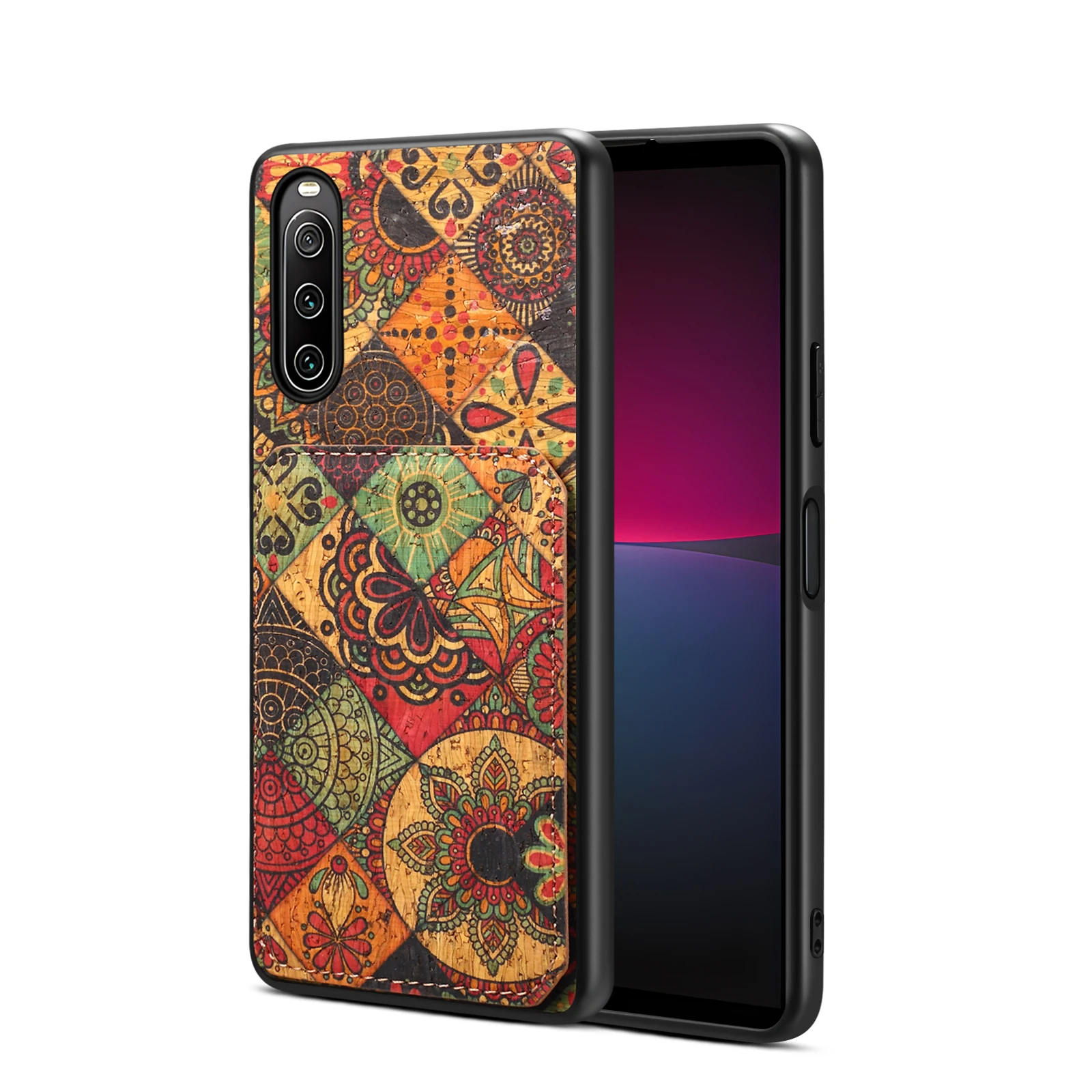 Denior Boho Floral Cork Wood Phone Cover Suitable for Sony Xperia 1 VII With Hidden Card Pocket Foldable Stand Shockproof Case view 2