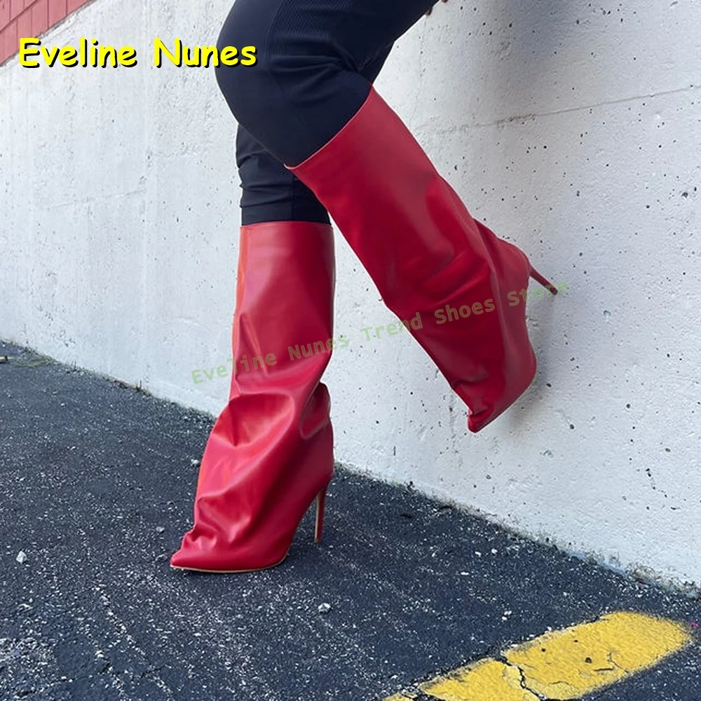 الأحمر خنجر مثير حذاء برقبة للركبة أشار تو مطوي الصلبة سحب على فتاة حار أنيق الأحذية الحديثة المدرج عرض الأحذية 2025 الاتجاه #2
