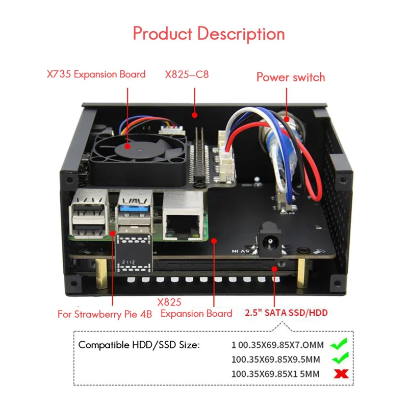 Custodia X825-C8 per scheda unità SSD per disco rigido SATA Raspberry Pi 4B X825