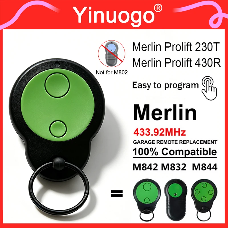 Merlin M842 M842S Remote Control 433.92MHz Rolling Code For Merlin M832 M844 430R 230T Green Button Garage Door Opener