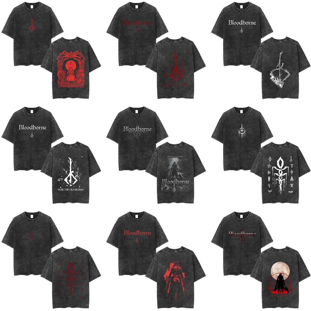 

Hot Sale Game Bloodborne Vintage Washed T Shirt Horror Hunter Merch Oversized T-shirt Men Women Fashion Casual Cotton T-shirts