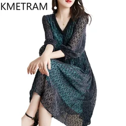 KMETRAM 100% Real Mulberry Silk Dress Luxury Party Long Dresses Women Clothing 2024 Autumn Elegant Frocks for Women Vestidos