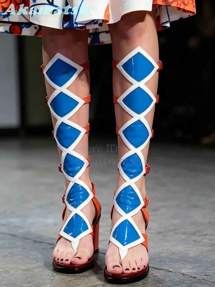 Mix-color Block Gladiator Sandals Geometric Rhombus Hollow Knee High Block Heel Buckle Strap Summer Party Women Roman Shoes 2026