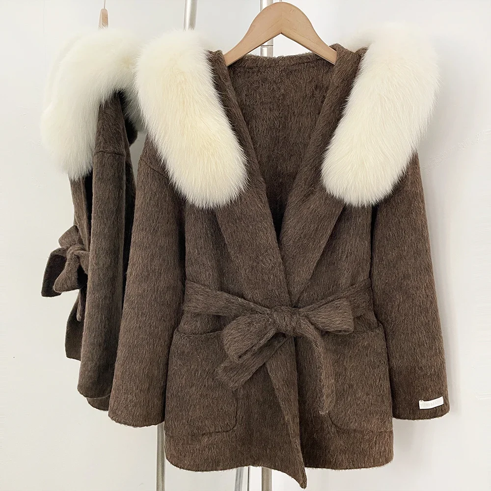OFTBUY Winter Warme Dicke Wollbekleidung Luxuriöser Taillierter Damen-Wollmantel mit Gürtel und Echtem Pelzkragen Kapuzen-Wollmantel für Damen – Detail 19