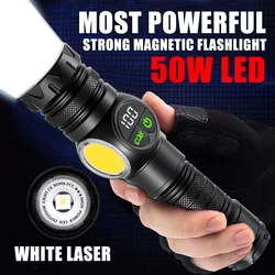 High Power Tactical Rechargeable Led Flashlight Long Range 50W Powerful Lantern Usb Rechargeable Emergency Magnet Camping Torch