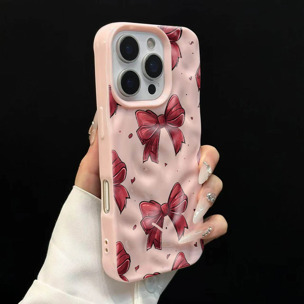 Koreanischer Stil Niedliche Schleifendruck-Handyhülle für iPhone 17 16 15 14 13 12 11 Pro Max 14 Plus 17Air Falten-Wellen-Soft-Silikonhülle – Detail 9