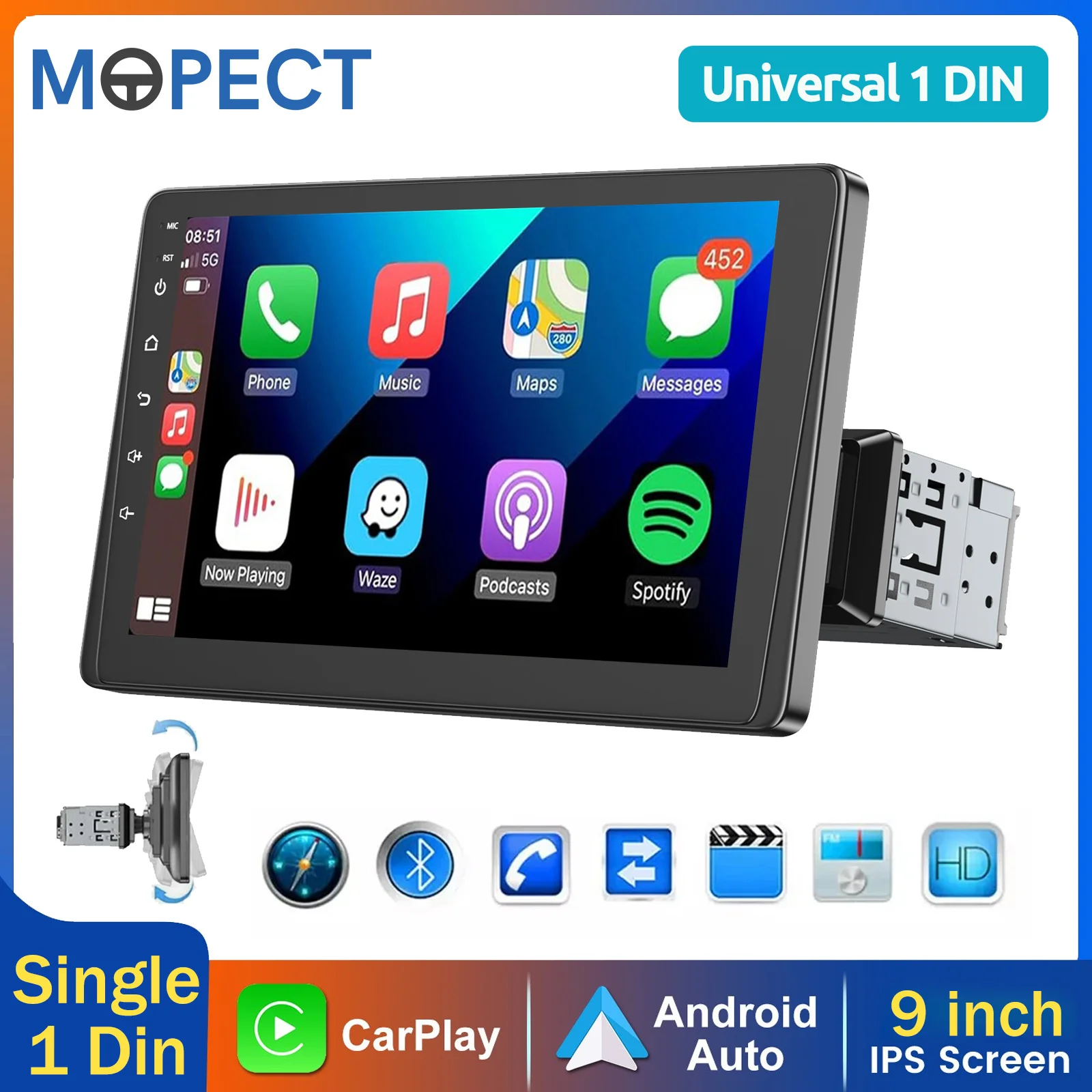 MOPECT Simple 1 Din 90 °   Autoradio rotatif avec écran IPS 9 pouces, lecteur multimédia MP5, Carplay sans fil, Android Auto, SWC, Wifi, Mirrorlink