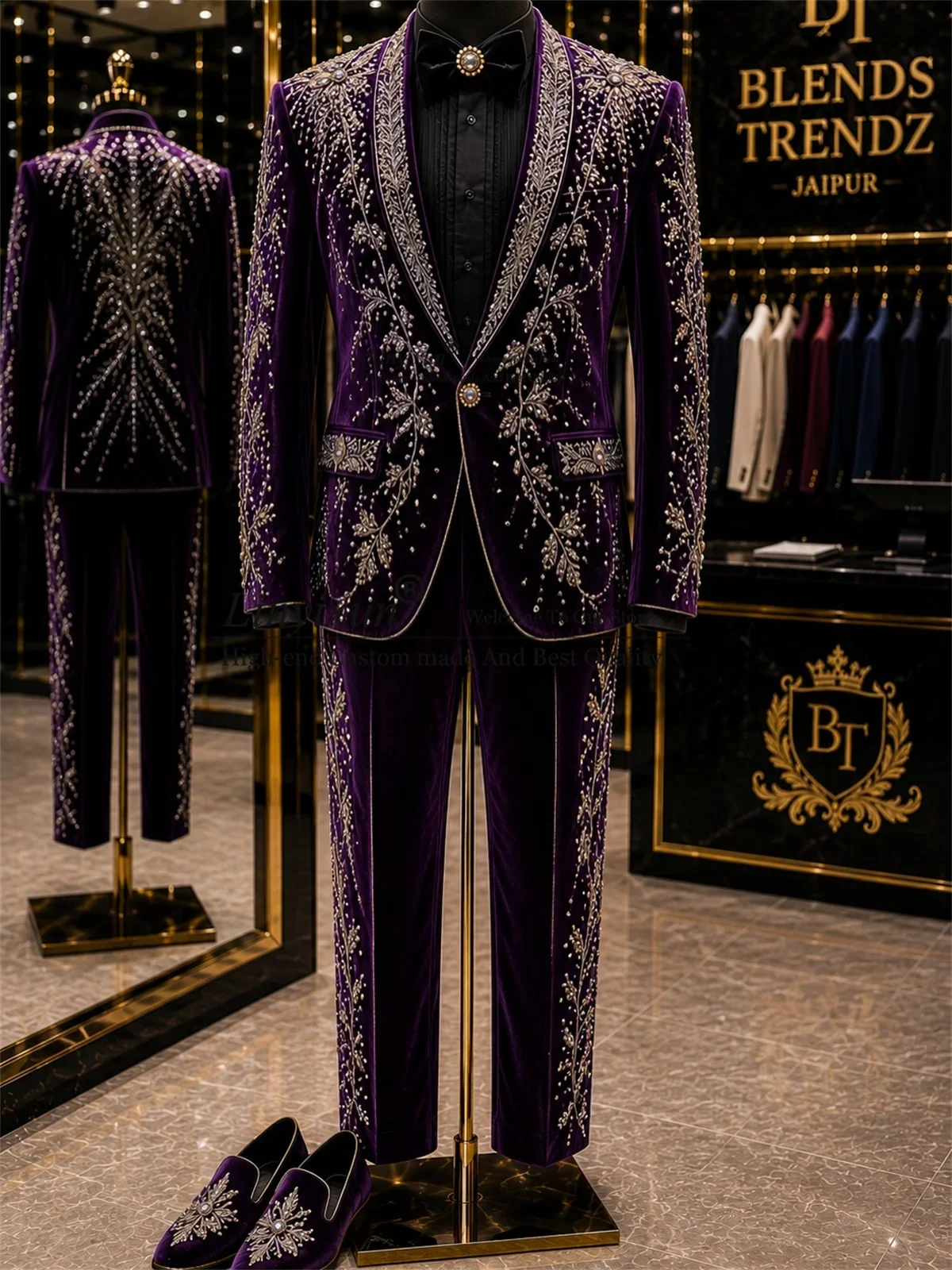 Fashion Embroidered Tuxedos Men Suits Customized 2 Pieces Sets Groom Male Blazers Wedding Handmade Ornament Party ropa hombre