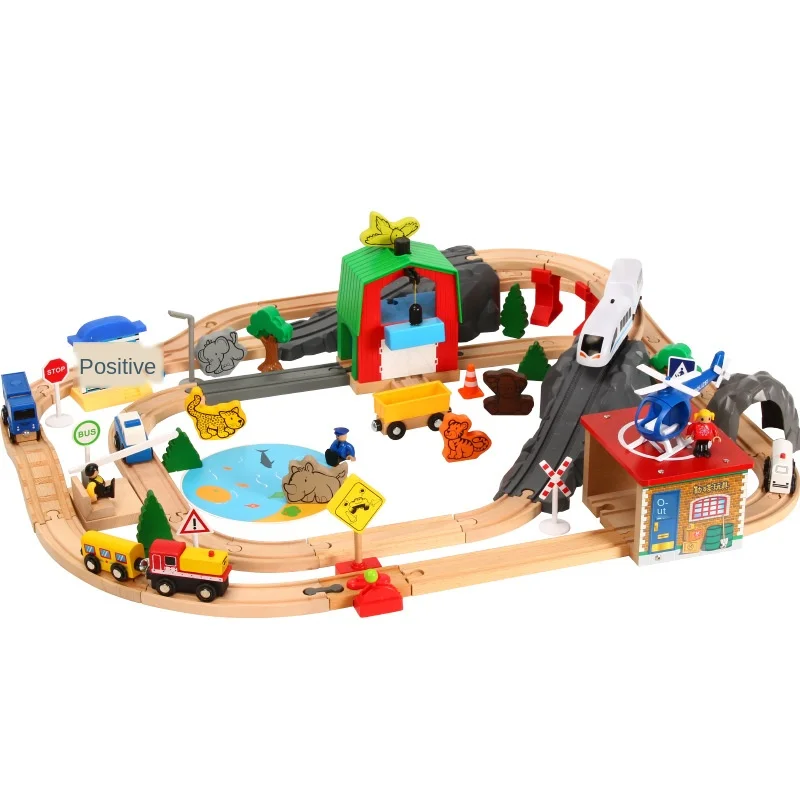 79pcs Sound Electric Train Track Set Scene Compatible Wooden Hillside Parking Airport Fishing Children Gift Pd26