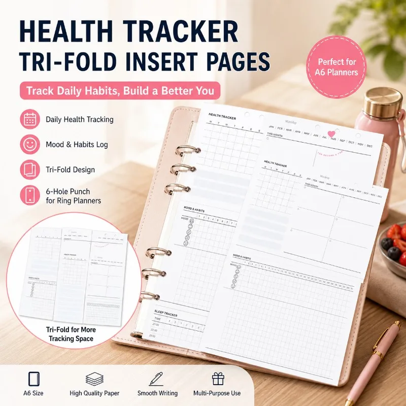 FromthenonA6A7A8Health Tracker Refill Paper-Tri-Fold Loose-Leaf Inserts for Daily Habit&Mood Tracking Notebook Replacement Pages