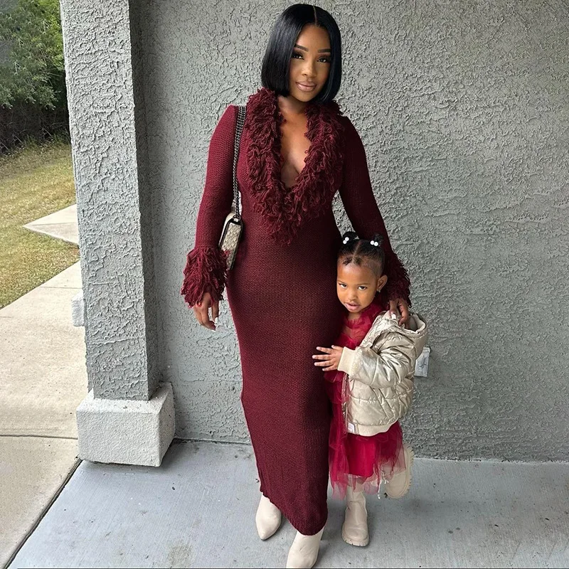 

Knitted Fringe Dress Evening Club Wear Dresses 2025 Women Fall Winter Luxury Outfits Sexy Bodycon Long Party Crochet Dress