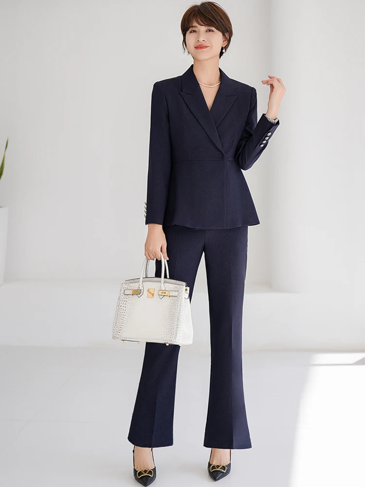 

Весенне-осенний костюм королевского синего цвета для женщин: комплект с широкими брюками, профессиональная одежда для ведущих, модный деловой женский наряд