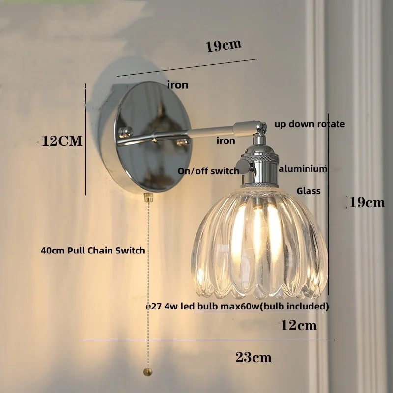 IWHD Pull Chain Switch LED Wall Lamp Dining Room Aisle Bar Up Down Rotate Clear Glass Iron Bathroom Stair Mirror Light Lamparas