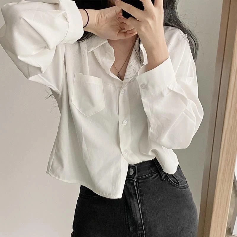 Harajuku Women Chiffon Shirts Korean Streetwear Cropped Long Sleeve Tops Y2K Fashion Female Casual All Match Blouse