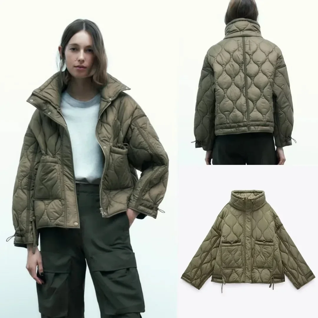 Versatile Casual Cotton-padded Jacket Short Sleeve Long Sleeve Water Wave Pattern Drawstring European American Crossbody Style