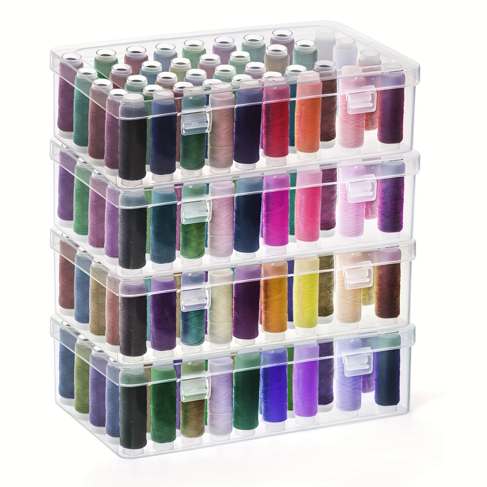 4-Piece Large Capacity Sewing Thread Storage Box with Lid- Heavy Duty PP Plastic Thread Spool Organizer, Transparent Compartment