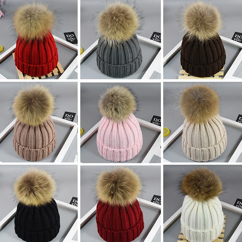 

Winter Hat Raccoon Fur Wool Ball Knitted Hat Super Big Real Natural Raccoon Fur Wool Ball Wool Hat Women's Thickened Fur Hat