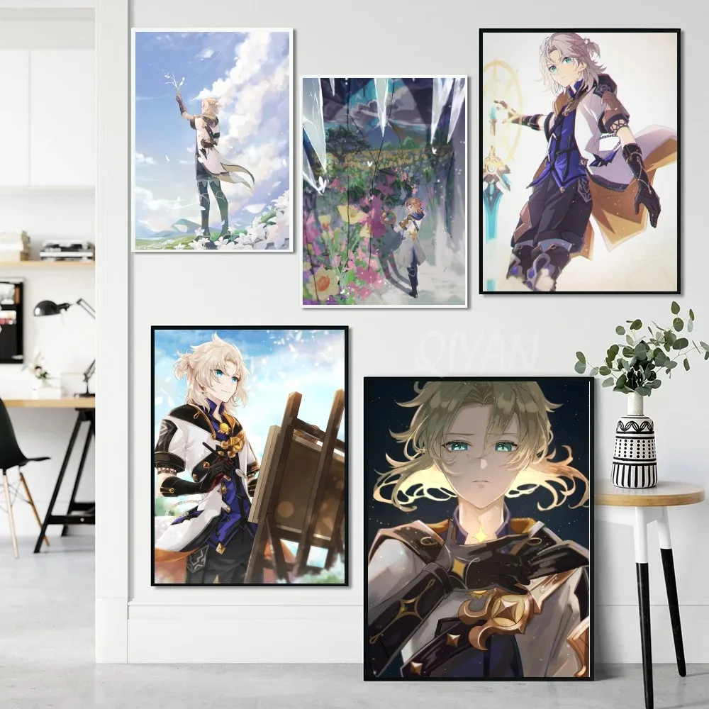 Game Genshin Impact Accounts Albedo Poster Self-adhesive Art Waterproof Paper Sticker Coffee House Bar Room Wall Decor