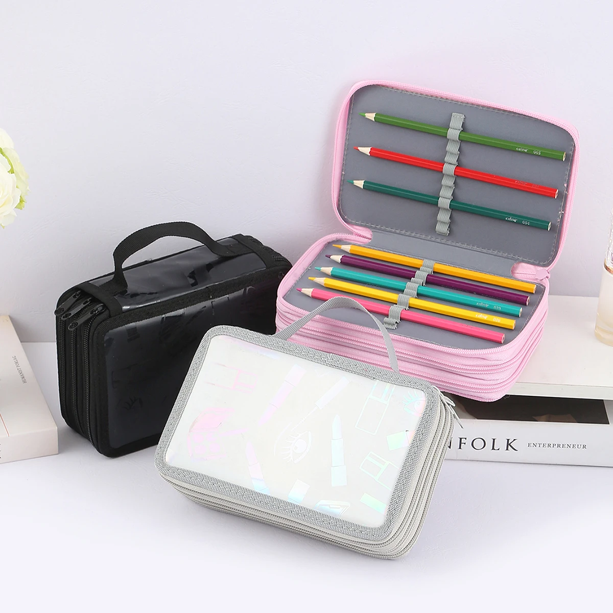 قطعة واحدة من مقلمة رائعة بسحاب ثلاثية الطبقات، حقيبة تخزين قرطاسية محمولة، تستخدم لتخزين أقلام الرصاص للفن والرسم #4