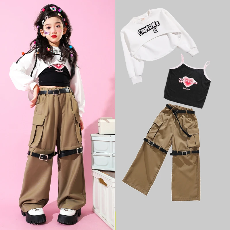 2023 White Crop Tops Cargo Pants Suit For Girls Jazz Dancing Performance Costumes Ballroom Hip Hop Dance Rave Clothes DQS14650