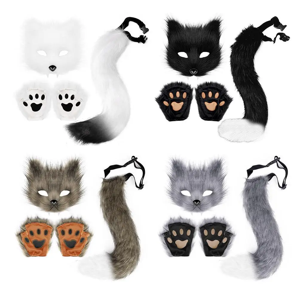 Fluffy Fur Tail Mask Gloves Cat Paws Gloves And Wolf Therian Mask Set For Halloween Cosplay Costume Accessories Mask Sets