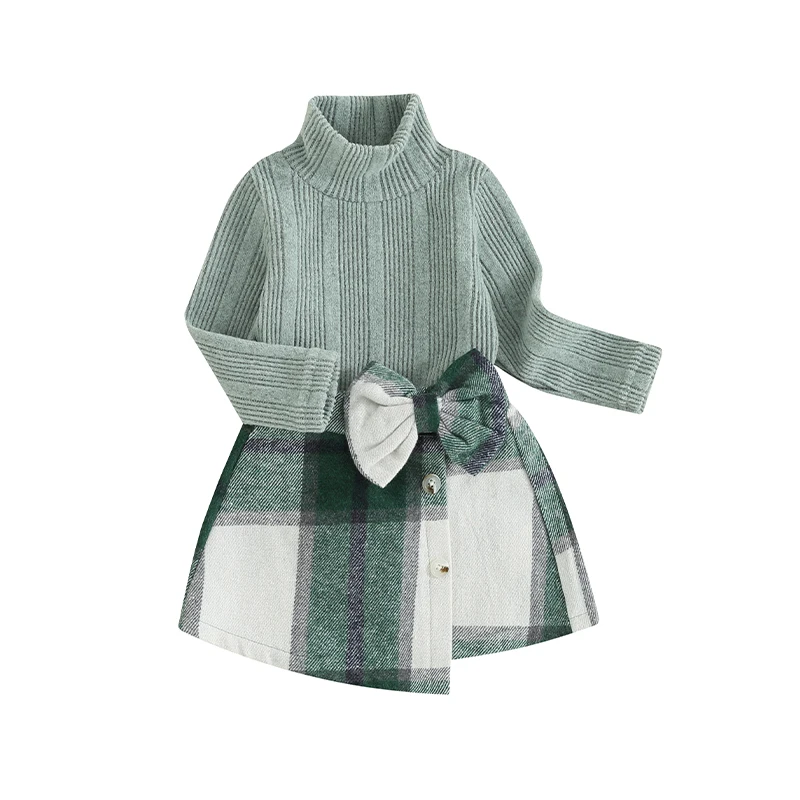 Baby Girl Plaid Skirt Outfit Turtleneck Sweater Long Sleeve Solid Knit Top Button Front Skirt Short with Bowknot