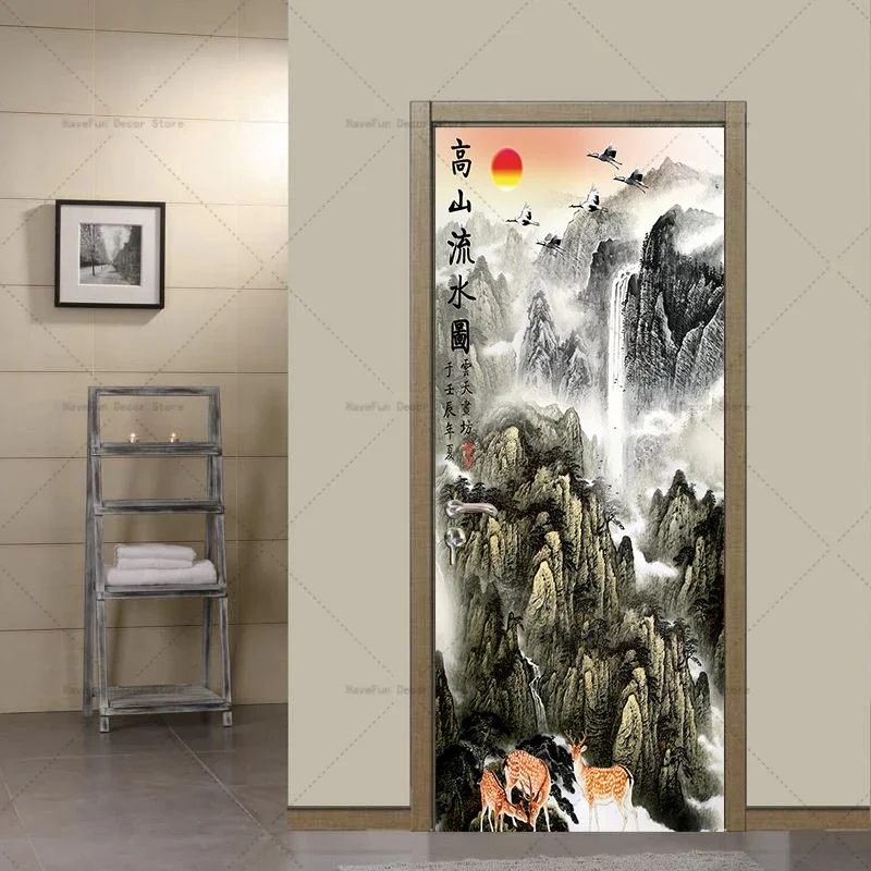 Chinese Style Landscape Painting Self-adhesive Door Stickers Decorative Bedroom Door Waterproof HD Stickers Home Decorations