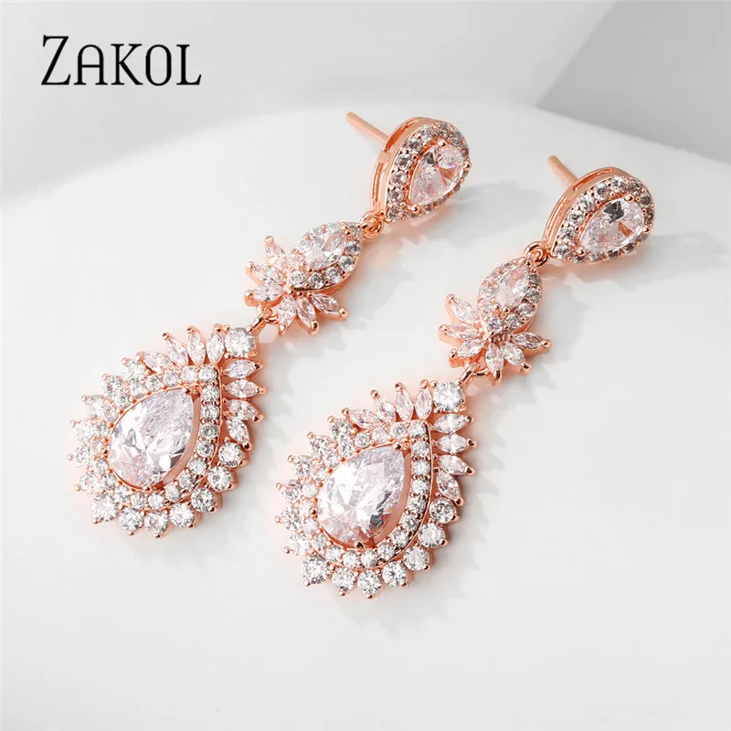 ZAKOL New Retro Style Shiny Big Water Drop Shape Cubic Zirconia Pendant Dangle Earrings Luxurious Women Bridal Jewelry FSEP5049