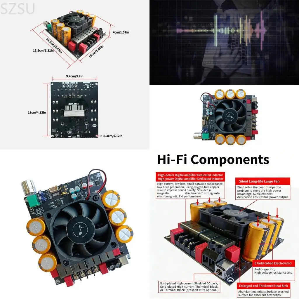 

SZSU TPA3255 2 Channel 18-50V 600W+600W Sound Amplifier Module Double Channel Power Amplifier Module with Fan for Home