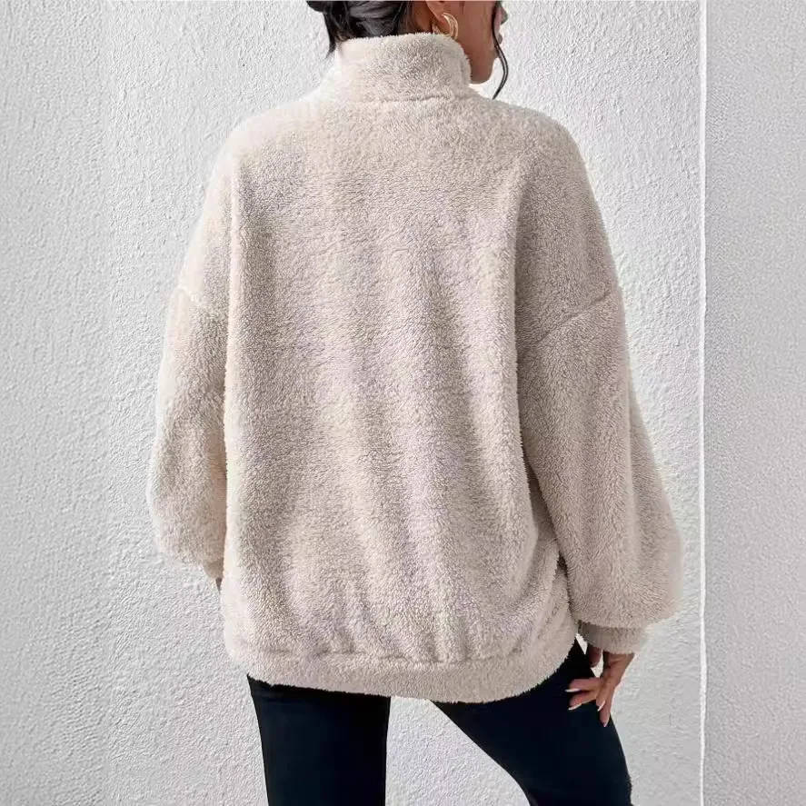 Casual Sweatshirts Half Zip Women Pullover 2024 New Fashion Plush Overzised Hoodies Solid Color Stand Collar Long Sleeve Tops