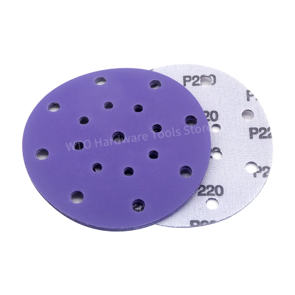 50 Buah 6 Inci 17 Lubang Cakram Pengamplasan Kait dan Lingkaran, 40-2000 Grit 150Mm Cakram Pengamplasan Keramik Film Ungu untuk Dempul, Cat, Logam, Kayu