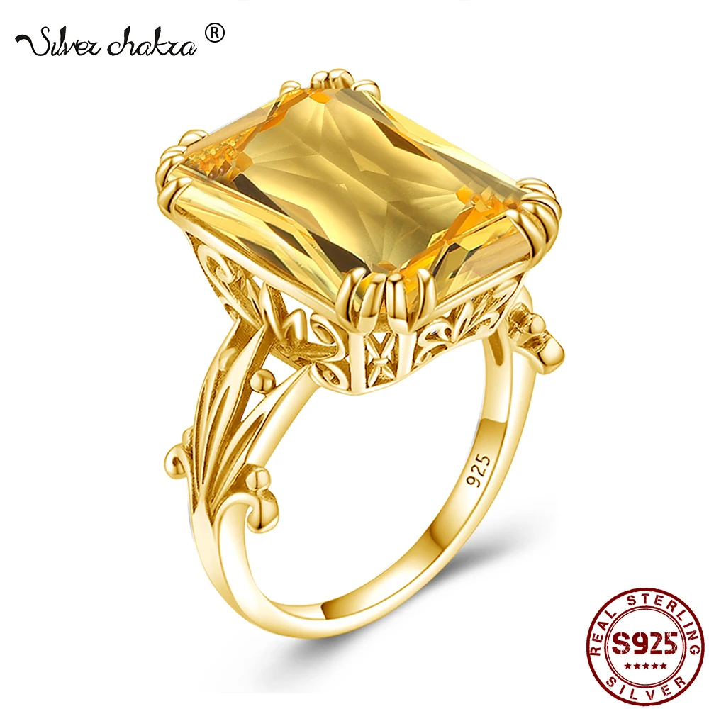 925 Sterling Silver Ring Luxury Shiny 14.5*19mm Big Rectangle Citrine Gemstone Ring For Women Solid Wedding Gold Plated Jewelry