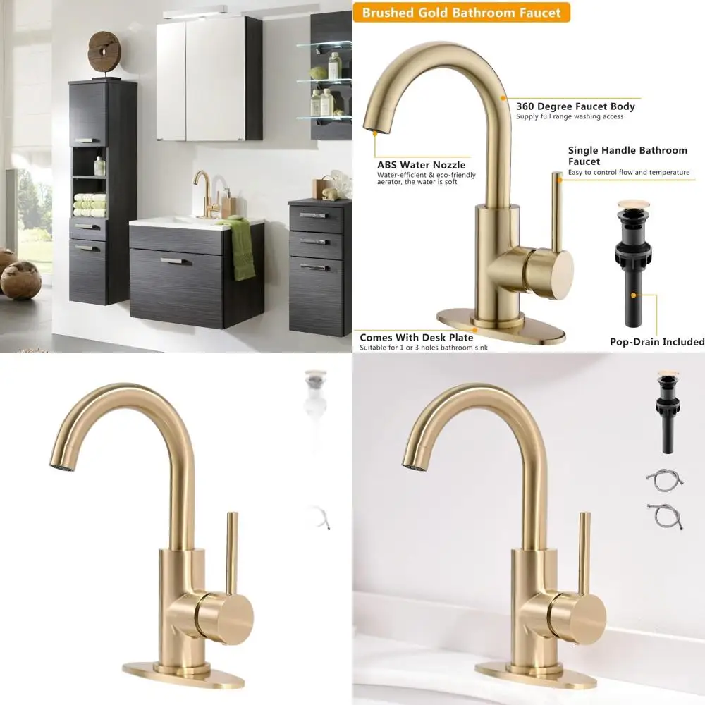 

Modern Brushed Gold Single Hole Bathroom Sink Faucet with Pop-Up Drain and Deck Plate