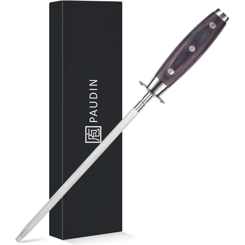 

10-дюймовая профессиональная точилка для кухонных ножей, из высокоуглеродистой стали с эргономичной ручкой из паккавуда