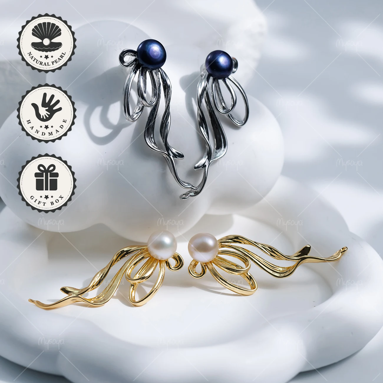 

Серьги-гвоздики MYSOYA с черно-белым пресноводным жемчугом 8-9 мм, золотистые или серебристые, с большим бантом, в подарочной коробке, подарок на день рождения