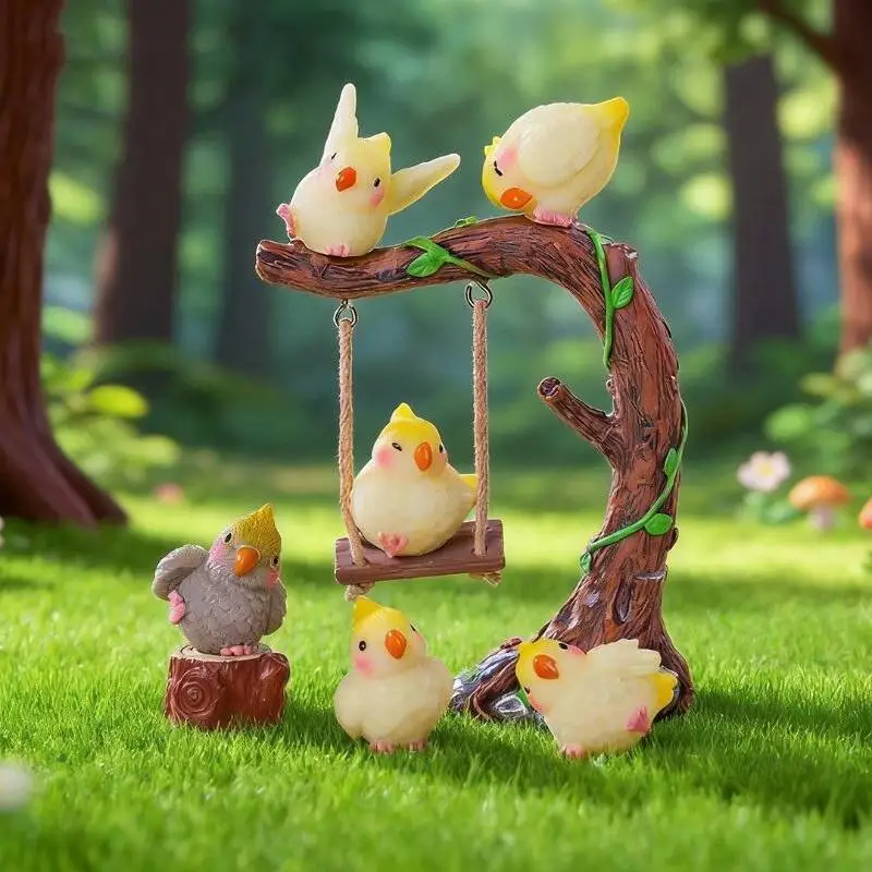 [6PCS Cute Cartoon Cockatiel Ornaments Horticultural Plant Animal Resin Handicraft Birds Models DIY Home Garden Decoration]