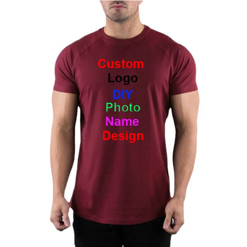 Customized  DIY Brand Logo Cotton O Neck Short Sleeve T-shirt Mens Fitness Workout Bodybuilding Running Tee Tops Summer Clothing image 6