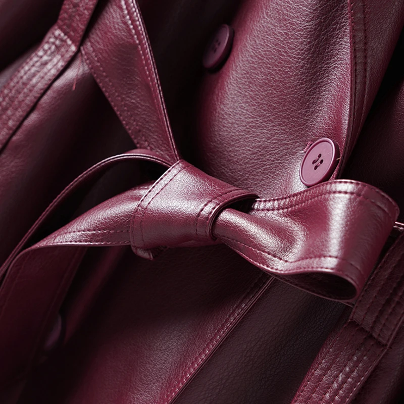 Classic Double-breasted Women's Wine Red Lace-up Belt Sheepskin Trench Coats Chic Ladies Lapel Long Split Leather Trench Outwear