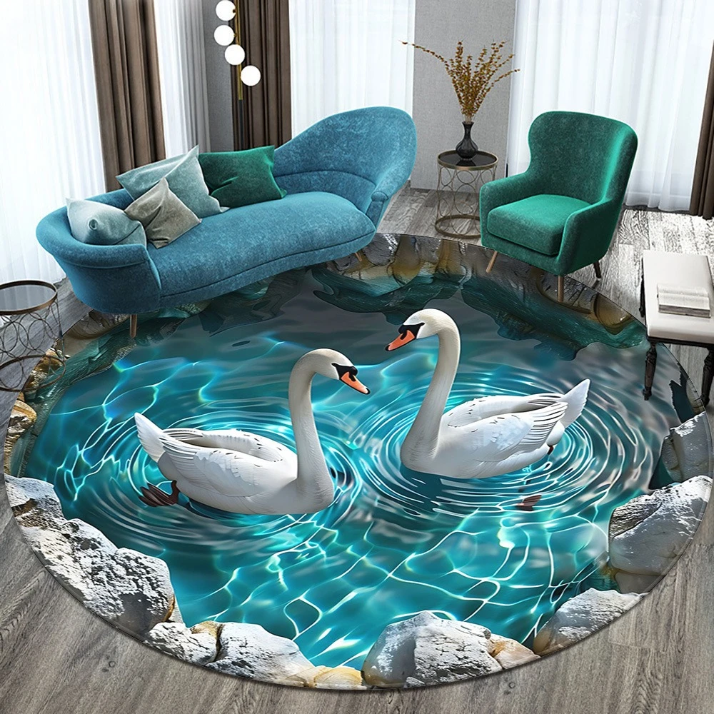 Realistic Twin Swan Clear Lake Print Circular Area Rug Stone Border Water Wave 2D Effect Round Mat Romantic Home Decor Rug