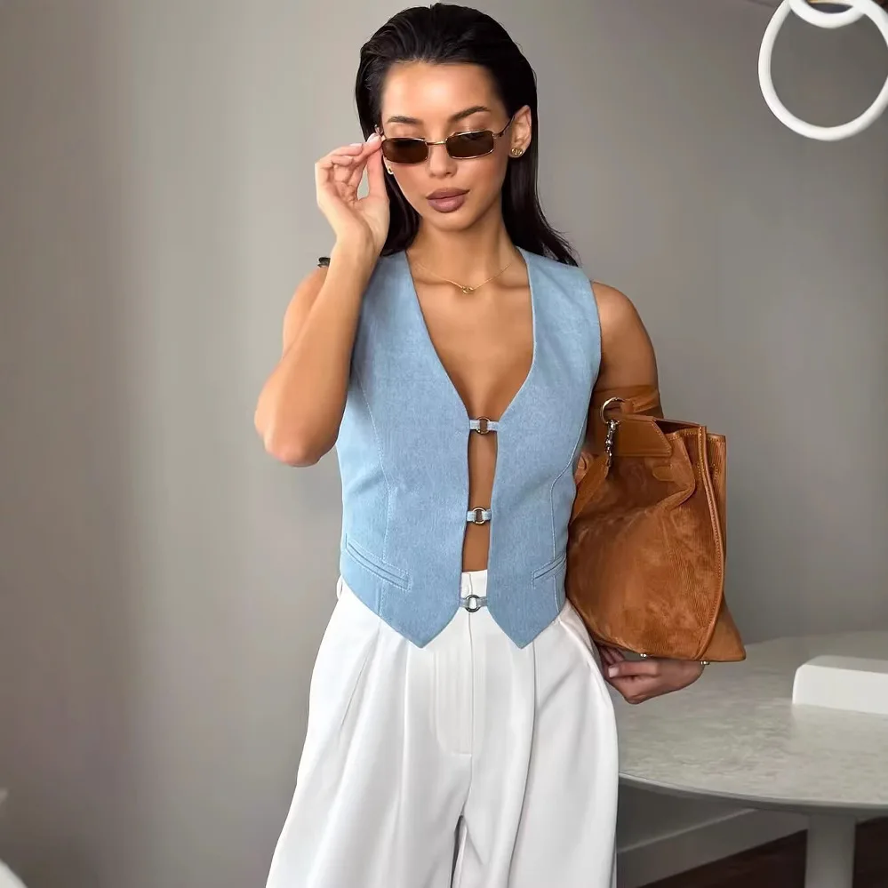 Blue Sleeveless Vest V Neck Single Breasted Button Leopard Lining Slim Fit Cropped Waistcoat Casual Layering Suit Gilet 260701